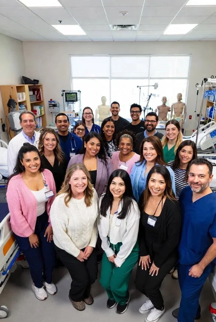 RCC nursing faculty and students gathered in the simulation lab